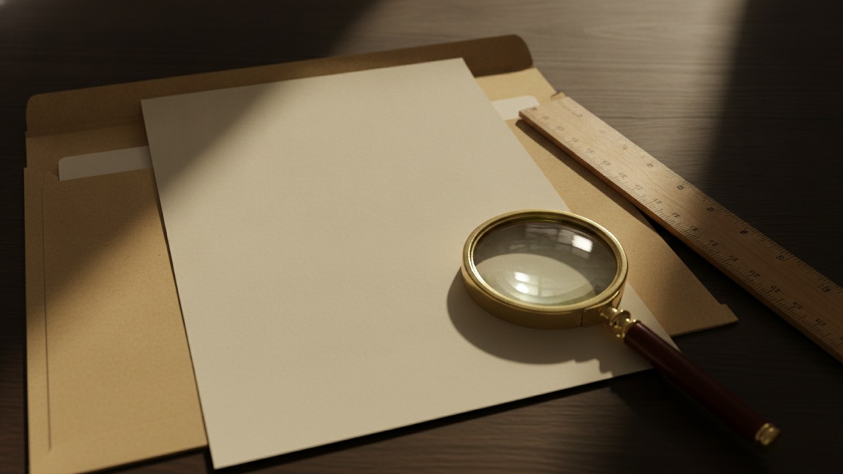 A single sheet of paper resting in an open manila folder on a desk beside a wooden ruler and a magnifying glass, lit from above