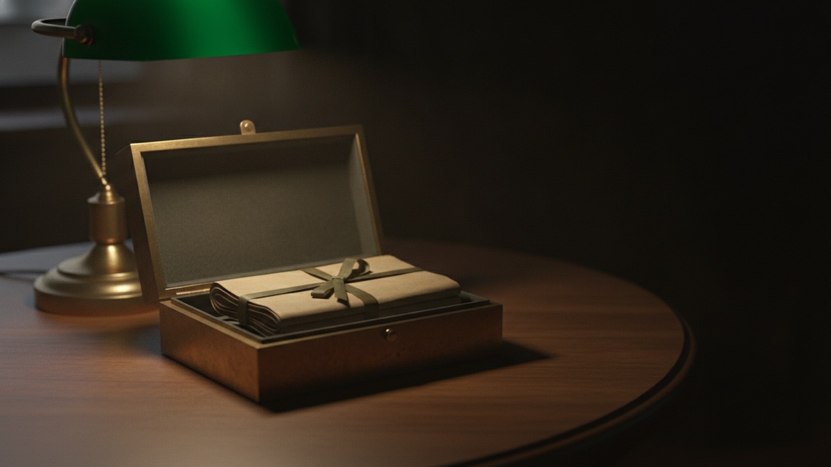 A share certificate and a life insurance policy schedule lying side by side on a desk under a reading lamp, a pair of folded glasses resting on the policy