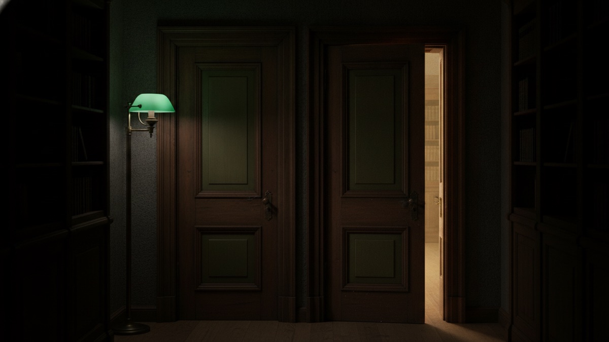 Two heavy panelled doors side by side in a dark corridor, one standing slightly ajar with light spilling across the floor