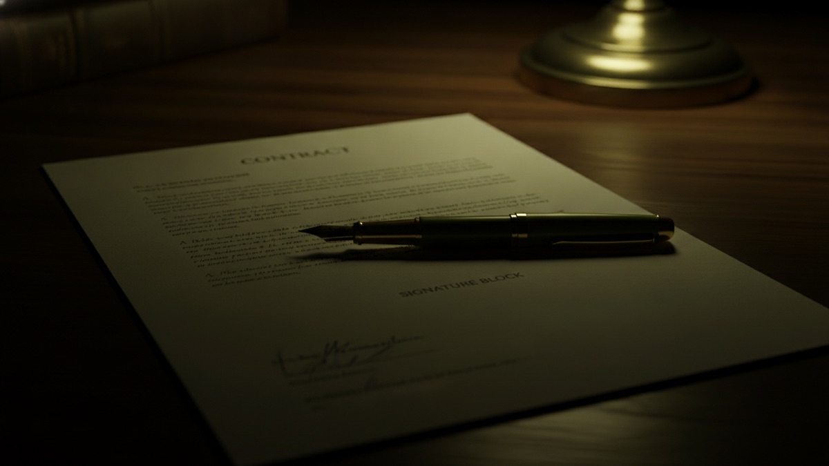 The signature page of a long agreement lying on a dark desk, a fountain pen laid across it, the signature block itself falling into shadow