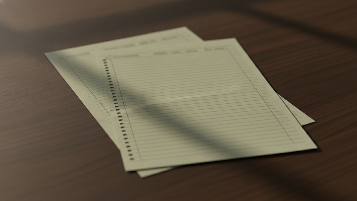 A photograph of two overlapping sheets of accounting paper on a dark wooden table, one partly covering the other, lit from a window at the left edge of the frame