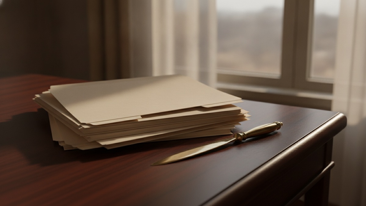 A stack of unlabeled manila folders and a brass letter opener on a dark wooden desk beside a window, lit from one side