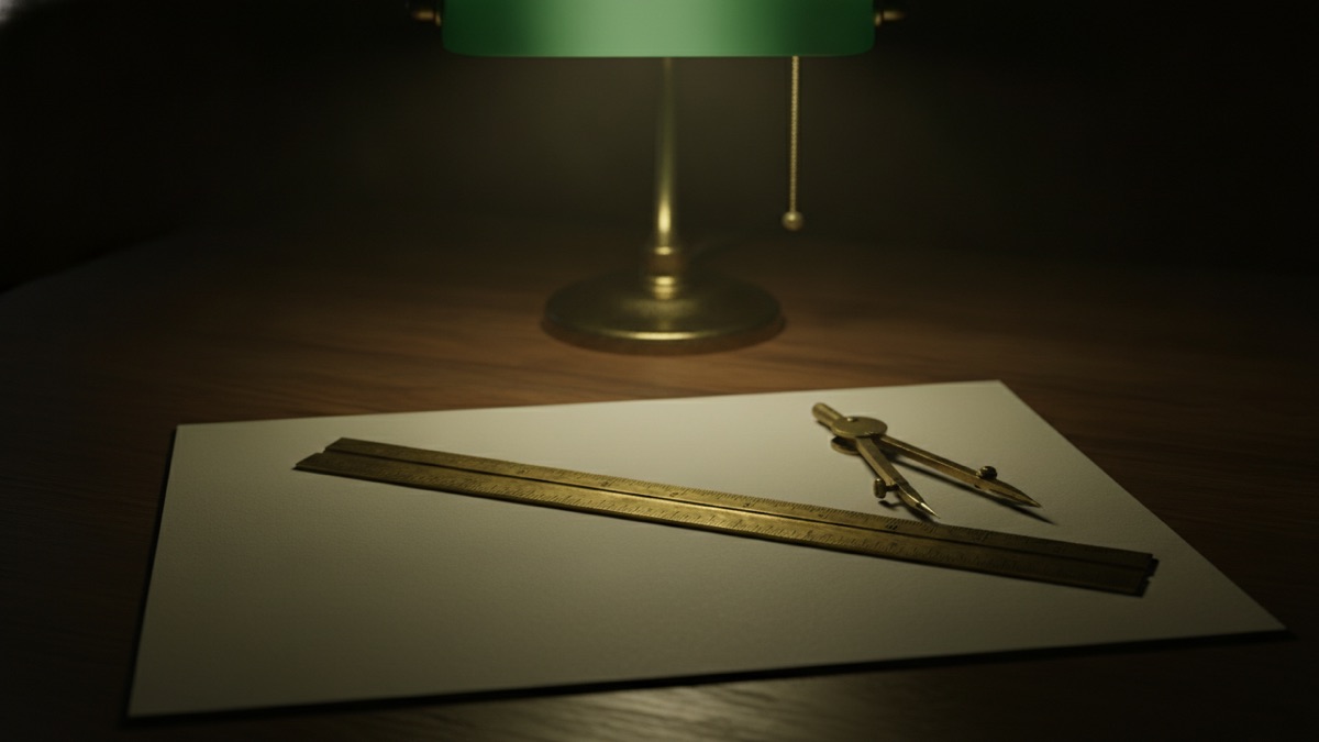An antique brass ruler and a pair of dividers lying on a completely blank sheet of paper on a dark desk, lit from one side