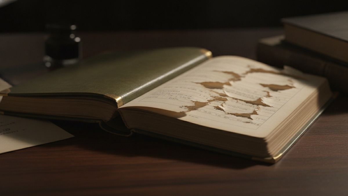 A bound corporate stock transfer ledger open on a desk, a fountain pen laid across the gutter beside a column of handwritten share entries