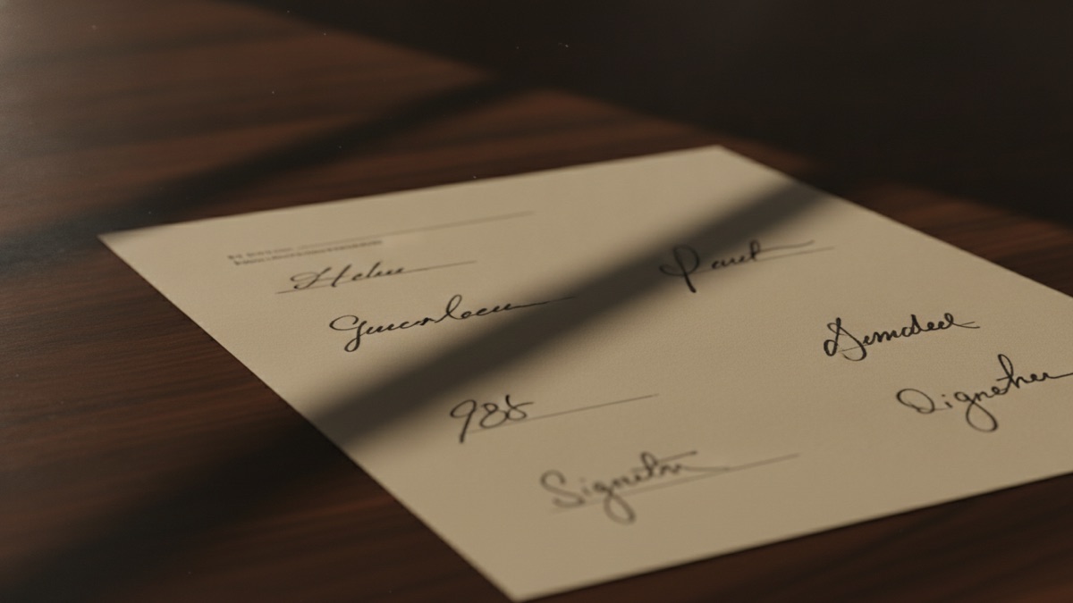 A signature page of a long agreement lying face up under a desk lamp, the paper slightly curled and the ink of several signatures visible at different angles