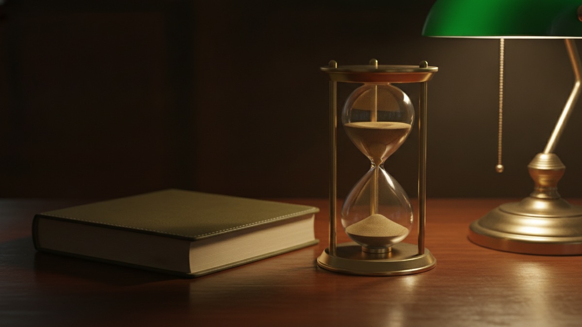 A brass perpetual desk calendar beside a closed case file on a dark desk, its date wheels stopped mid-turn in low window light