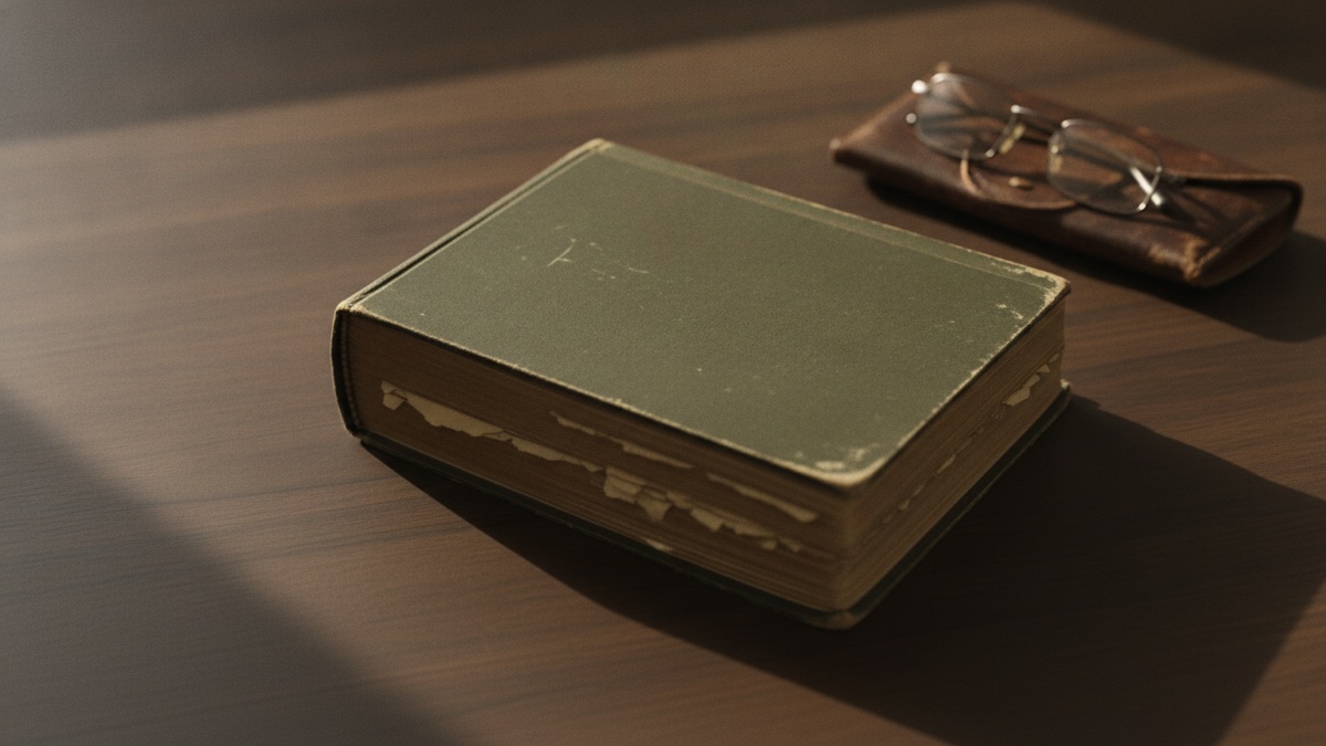 A photograph of a worn hardbound reference book lying face down and open on a desk beside a folded pair of reading glasses, shot from above in soft daylight